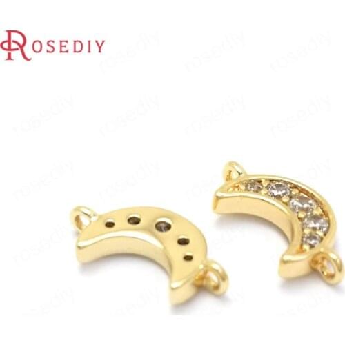 37132)6PCS 11x5MM 24K Gold Color Brass and Zircon 2 Holes Moon Connect Charms Pendants Jewelry Making Supplies Diy Accessories