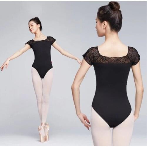 Ballet Leotards For Women Dance Costume Short Sleeve Lace Splice Nylon Leotard Adult Ballerina Clothes Black Dance Wear Swimsuit