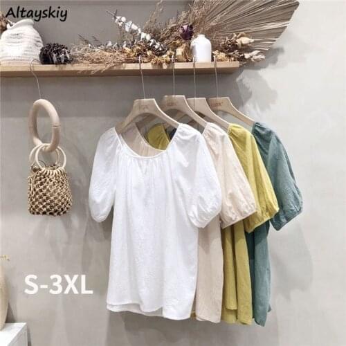 Blouses Women Solid Oversize Square Collar Minimalist Elegant Retro Cotton Linen Female Summer Soft Basic 4 Colors All-match Top