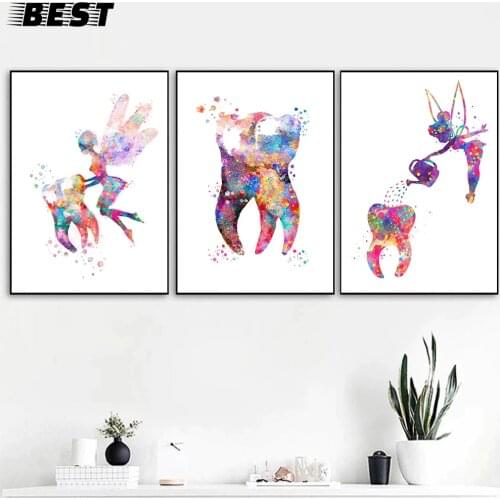 Dente de arte dente fada pintura da lona aquarela poster e impressões dental higienista parede arte imagem para sala estar decor