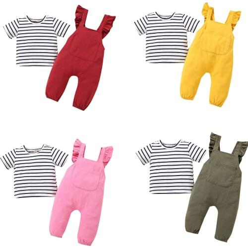 Baby Girl Striped Short Sleeve Round Neck T-Shirt + Solid Color Suspender Pants With Pocket 2 Pcs Infant Casual Outfits 12 M-4 Y