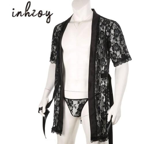 2Pcs Men See-Through Lace Robe Sleepwear Sets Sexy Bathrobe Lungewear Nightwear Sleepwear with Thong