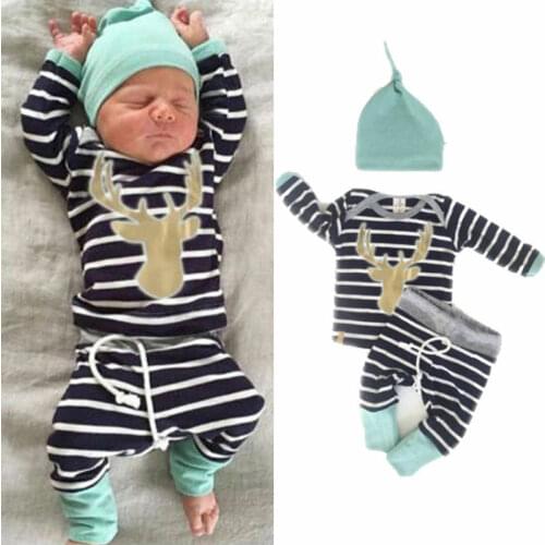 Baby Boys Girls Clothing Set Cotton Newborn Baby Clothes Long Sleeve Christmas Deer Print Bodysuit+Pants+hat Infant 3PCS Outfits