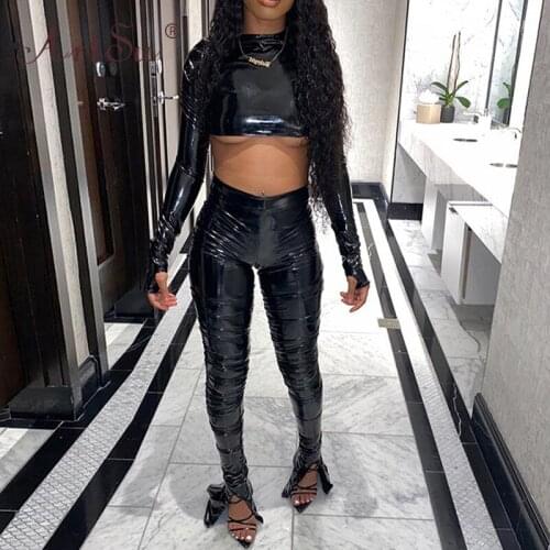 ArtSu Faux Leather PU Long Sleeve Crop Top Stacked Pants Side Slit Leggings 2 Piece Set Women Winter Outfit Sexy Skinny Clubwear