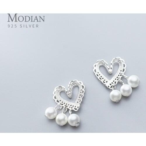 Modian Authentic 925 Sterling Silver Romantic Lace Hearts Drop Earring for Women Pearls Dangle Earring Korea Style Fine Jewelry