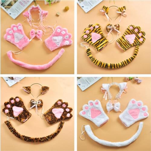 New Sexy Cosplay Black White Pink Cat Ear With Bell Headband Lolita Costume With Plush Bow Tie Gloves Tail Cute and Sexy