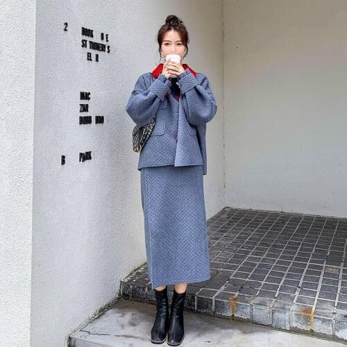 Autumn Winter 2 Piece Set Coat and Skirt Women Fashion Elegant Korean Loose Woolen Padded Cotton Jacket Long Skirts Outfit 1636