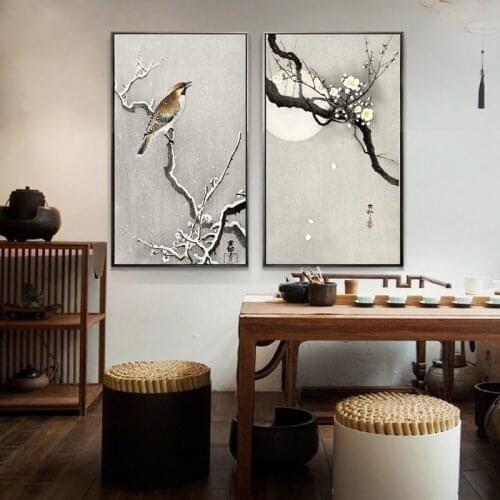 Boho Winter Bird in the Snow Landscape Painting Canvas Print Japanese Style Plum Blossom Picture Poster Living Room Wall Decor