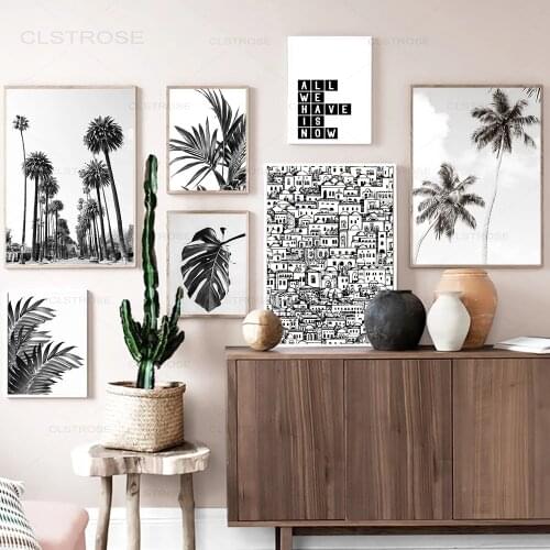 Black White Leaves Plant Poster Beach Tree Print Wall Art Canvas Painting Simple Quote Monstera Picture for Room Decoration