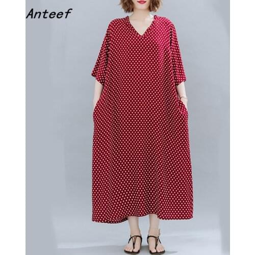 Short sleeve cotton satin vintage Polka Dot dresses for women casual loose long summer dress elegant clothes 2021