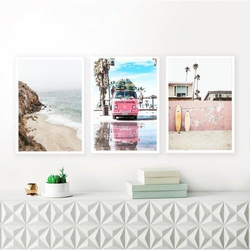 California Beach Poster Art Boho Ocean Bus Beach Prints Coastal Canvas Painting Wall Art Nordic Decoration Pictures Surf Decor