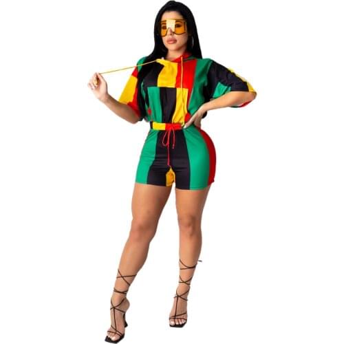 RStylish Casual Women Sportwear Fashion Contrast Color Patchwork Hoodies Lace-Up Mini Biker Shorts 2 Piece Set