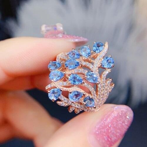 Luxurious Talonpaw wide leaf Natural blue topaz gem Ring S925 Silver Natural Gemstone Ring girl Women party gift fine Jewelry