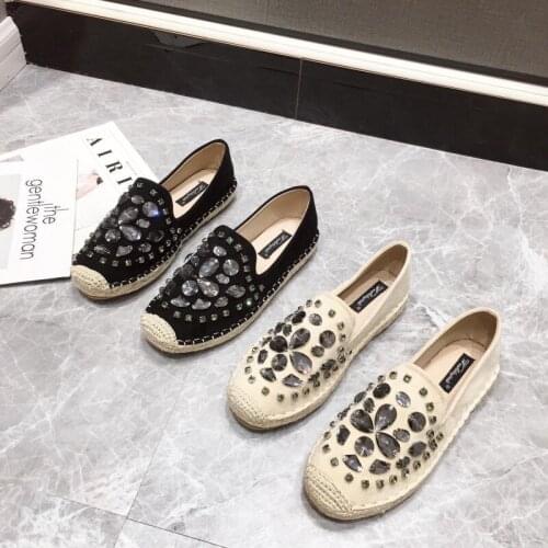 Luxury Diamond loafers hemp fisherman shoes women flock moccasins sneakers paillette big crystal flats woman espadrilles 2020