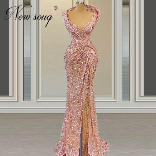 Pink Sequins Wedding Party Gowns Saudi Arabia Illusion Formales Evening Wear Dubai Plus Size Prom Dresses 2021 Vestido De Festa