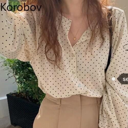 Korobov Korean Chic O Neck Long Sleeve Shirt Elegant Dot Patchwork Pullover Blusas Retro Print Holiday Ol Blusas