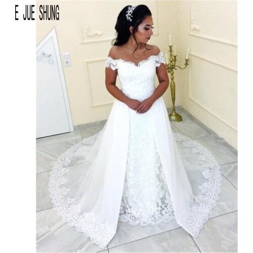 E JUE SHUNG African Mermaid Wedding Dresses Off Shoulder V Neck Lace Up Back Detachable Train Lace Wedding Gowns robe de mariee