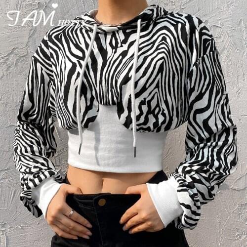 Zebra Print Patchwork Y2K Skinny Hoodie Sweatshirt Women Harajuku Vintage Casual Aesthetic Hip Hop Streetwear Hoodies Iamhotty