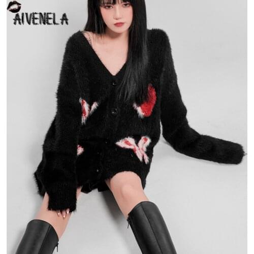 Harajuku V-neck Knitted Cardigan Jacket Punk Girls Butterfly Sweater Coats Outwear AFC1261