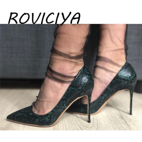 Green High Heel Shoes Snake Print Women Shoes Pumps Party Wedding Shoes plus size 12 cm YG024 ROVICIYA