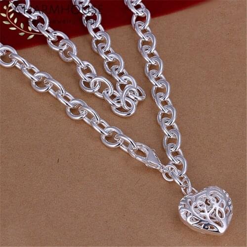 Silver 925 Necklaces For Women Hollow Heart Pendant & Necklace Chain Collier Femme Wedding Bridal Jewelry Accessories Wholesale