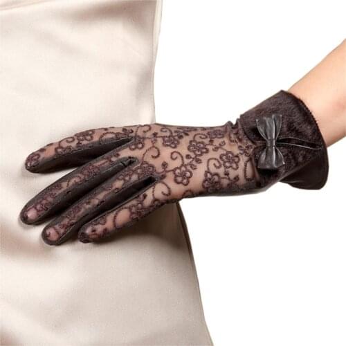 2020 New Women Genuine Leather Gloves Female Autumn Winter Plush Lined Lace Lambskin Leather Driving Gloves L156NC-1