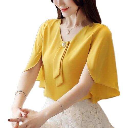 Womens Spring Summer Style Chiffon Blouse Shirt Womens Elegant V-neck Ruffles Solid Color Short Sleeve Temperament Tops DD8395
