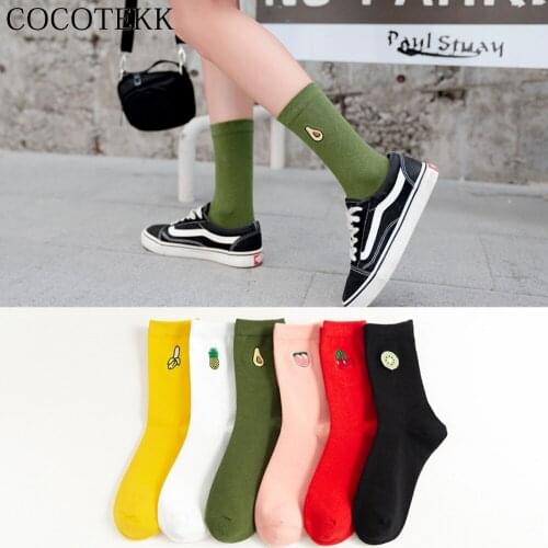 Women Socks Winter New Korean Cartoon Avocado Banana Embroidery Long Cotton Kawaii Comfortable Happy Socks Girls Christmas Gifts