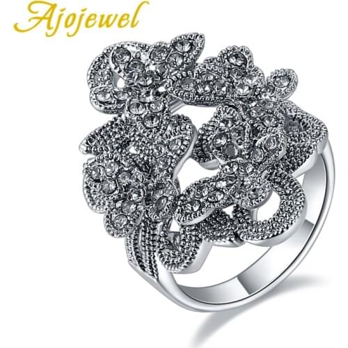 Ajojewel Size 7-9 Hollow Butterfly Rings For Women Full Of Black Rhinestone Elegant Vintage Big Rings New Style Wholesale