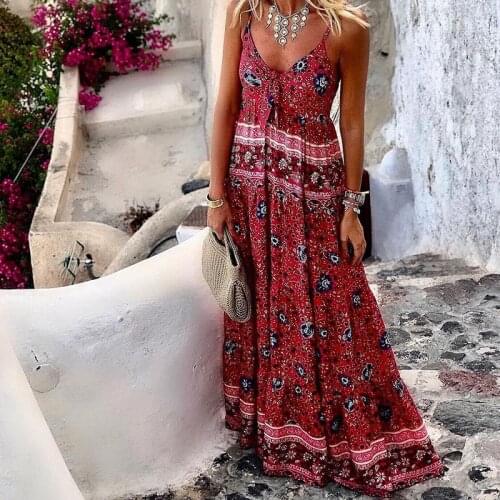 Women sexy spaghetti strap v neck floral printed maxi dress Red blue vestidos de mujer Casual high waist boho hippie chic dress