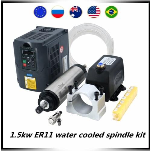 1.5kw ER11 water cooled spindle CNC spindle motor kit include 1500w YL VFD 75W water pump 65mm spindle mount 7pcs ER11 collets