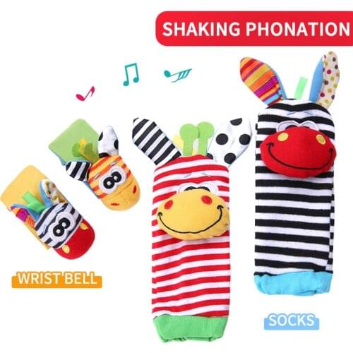 2 Pcs Cartoon Baby Rattles Toy Plush Stuffed Animal Model Hand Bell Wristband Soft Plush Sock Newborn Baby Toys 0-12 Months