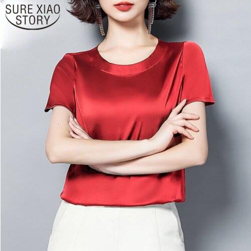 2021 Summer New Plus Size 4XL Solid Women Shirts Silk Blouse for Women Short Sleeve Casual Loose O Neck Top Women 9160 50