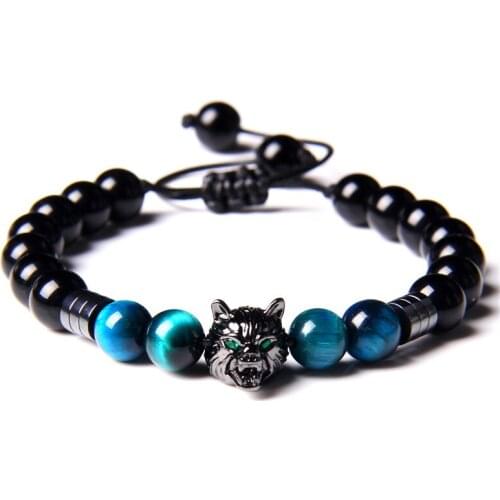 Wolf Head Charm Natural Stone Bracelet 5 Colors Tiger Eye Stone Beads Male Vintage Bracelets for Men Brave Majestic Gift Symbol