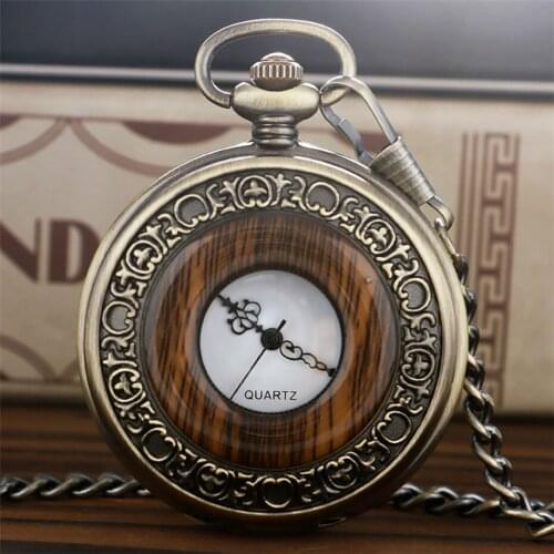 Antique Bronze Red Wood Hollow Circle Hunter Display Quartz Pocket Watch Luxury Pocket Pendant Clock Birthday Gifts Men Women