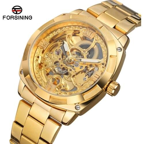 Forsining Top Brand Retro Classic Royal Design Luxury Full Gold Skeleton Black Steel Transparent Mens Automatic Mechanical Watch