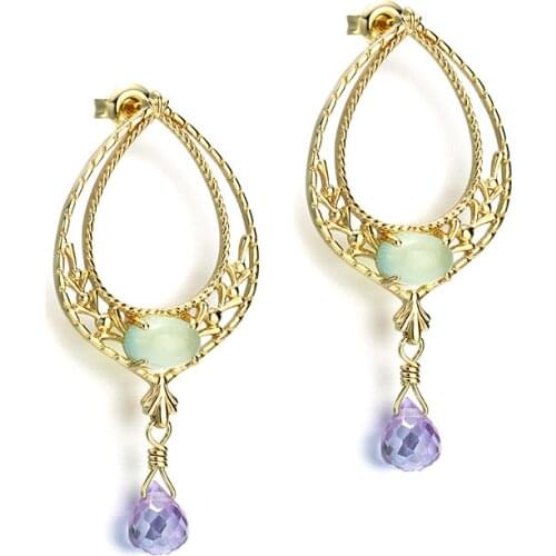 Ethnic dangle earrings for women purple natural prehnite stone 925 sterling silver leaf drop earing fine jewelry party accessory