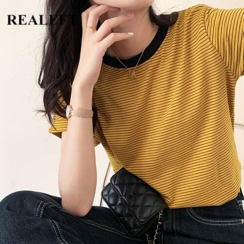 REALEFT 2021 New Summer Classic Striped Womens T-shirt Female Short Sleeve Horizontal Patchwork Casual Loose Womens Tops