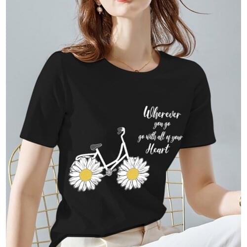 Summer Womens T-shirt Black Classic Female Tops Fashion Daisy Pattern Print Series O-neck Lady Short Sleeve Tees Women Clothes