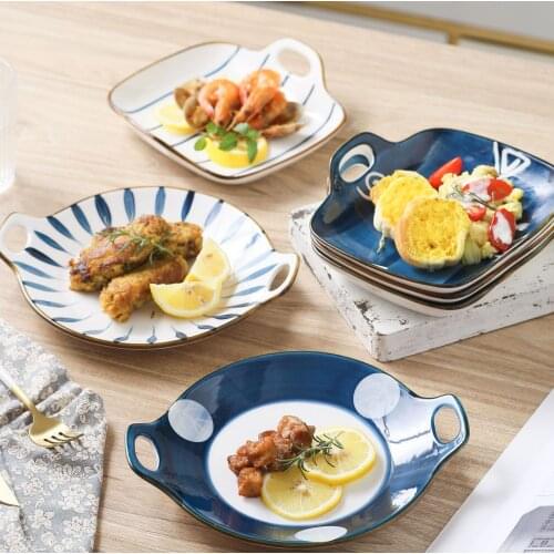 Japanese-style hand-painted internet red ceramic dinner plate Square round double-ear plate household food plate Western food