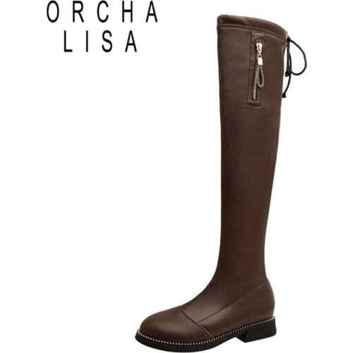 ORCHALISA INS ZA Women Knee High Boots Full Cow Leather Warm Boots Thick High Heels Motorcycle Boots Punk Shoes Woman High Boots