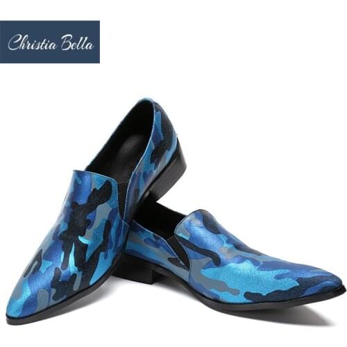 Christia Bella New Genuine Leather Pointed Toe Men Dress Shoes Evening Party Blue Wedding Shoes Height Increased Men Shoes
