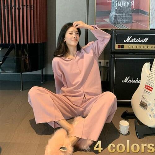 Pajama Sets Women Nighty Long Sleeve BF Style Leisure Home Wear Soft Spring Solid Loose Fashion Prevalent Breathable Nightwear