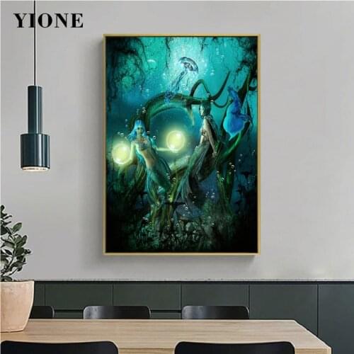 Deep Sea Ocean Mermaid Art Poster Retro Dark Color Fairy Tale Figure Fish Canvas Picture Print Wall Painting for Bedroom Gallery