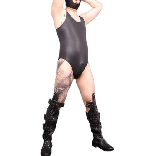 Sleeveless Round Neck Elastic Faux PU Leather Bodysuit Tank Top Men Bodybuilding Fitness Clothing Jym Body Tanktop Hot Shapers