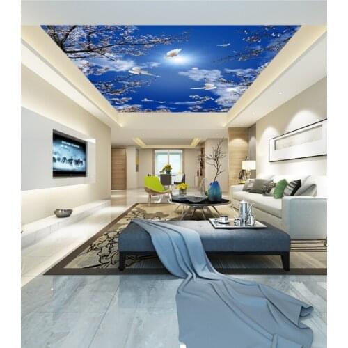 Custom Mural Wall Paper 3D Stereoscopic Beautiful cherry blossom blue sky ceiling mural