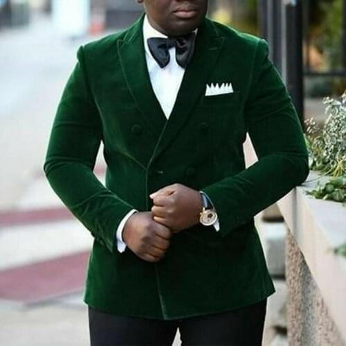 Casual Slim fit Men Suits for Wedding Prom Tuxedos with Double Breasted Dark Green Velvet 2 Piece Male Set Jacket Black Pants