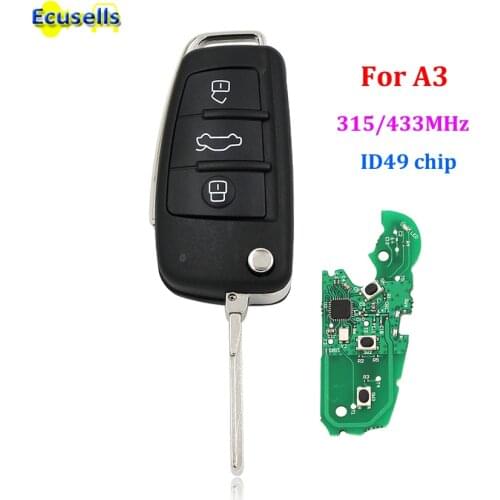 Semi intelligent Folding flip Remote Key 3 button 315MHz 433MHz with 49 chip use for Audi A3