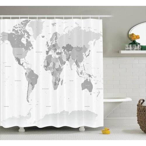 Grey Shower Curtain Detailed World Map with All Countries and Major Capital Cities Universe Earth Continents Bathroom Curtains