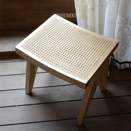 Nordic Living Room Stool Log Low Stools Solid Wood Rattan Woven Small Bench Home Square Stool Living Room Shoe Replacement Stool